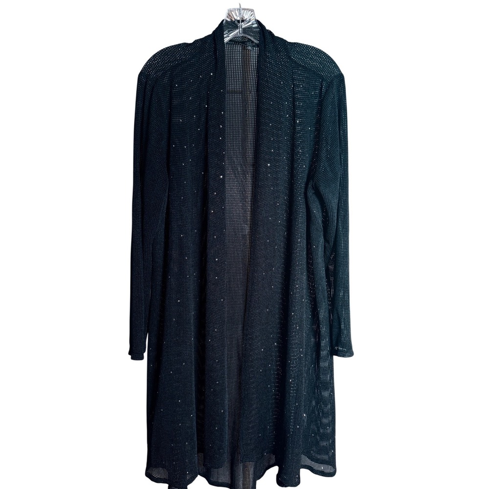 Slim‎ Factor Cardigan Women 1X Black Mesh Rhinestone Longline Open Front Sweater
